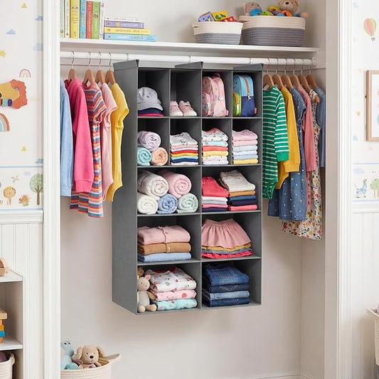 Ofiray-home 5 Tier Hanging Closet Organizer, 14 Compartments Sweater Organizer for Closet with 3 Sturdy Hooks, Closet Organizers and Storage, Wardrobe, Rv, Garment Rack, Grey