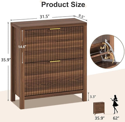 Shoe Cabinet Storage for Entryway, Fluted Shoe Cabinet with 2 Flip Drawers, Hidden Shoe Rack Tall Freestanding Shoe Organizer with Legs for Hallway, Walnut