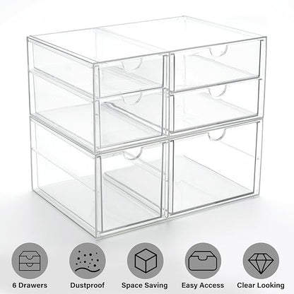 Prsildan Acrylic Drawer Makeup Organizer with 6 Drawers (Not for Baby Bottle), Set of 2 Office Desk Organizers Accessories, Clear Stackable Storage Drawers for Vanity, Craft (Largest Drawer 4" Tall)