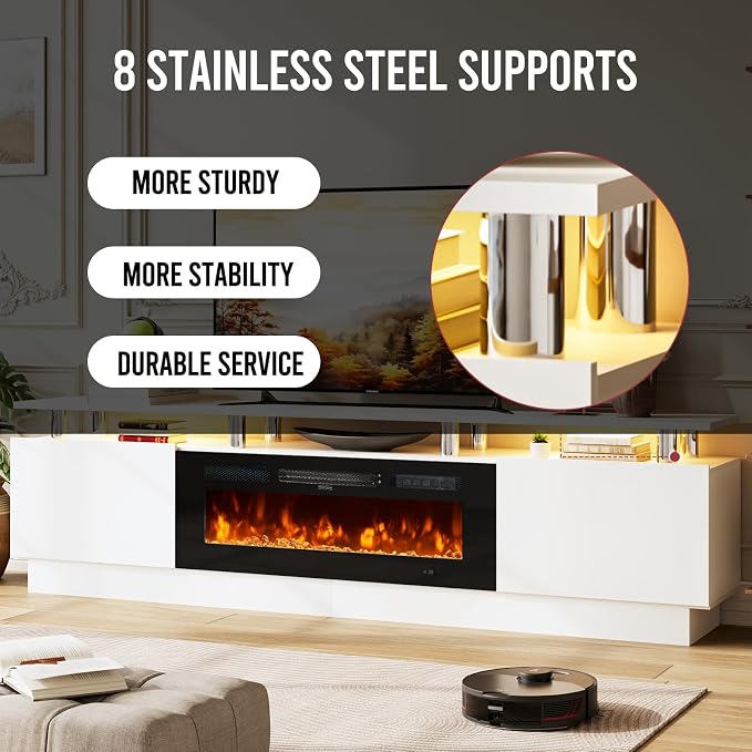 80" TV Stand & Media Console, Entertainment Center with Storage Shelves, Fits TVs up to 90", Modern Living Room Cabinet, 36" Electric Fireplace (White+Black)