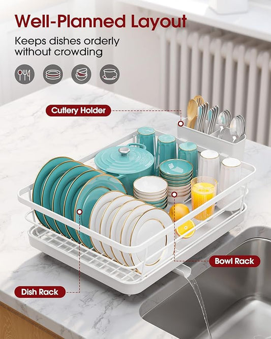 Sakugi Dish Drying Rack - Stainless Steel Dish Rack with Drainboard for Kitchen Counter and Sink, 15.6" D x 12" W x 5" H, White