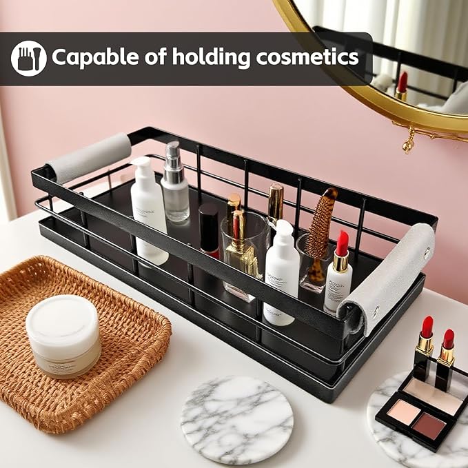 Toilet Paper Storage Basket, 13 Inch Wood and Iron Toilet Tank Basket with Grip for Bathroom Tank Topper, Fragrance Cosmetics toiletries Bath Bottles Counter Decoration Tray (Black)