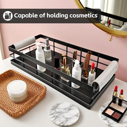 Toilet Paper Storage Basket, 13 Inch Wood and Iron Toilet Tank Basket with Grip for Bathroom Tank Topper, Fragrance Cosmetics toiletries Bath Bottles Counter Decoration Tray (Black)