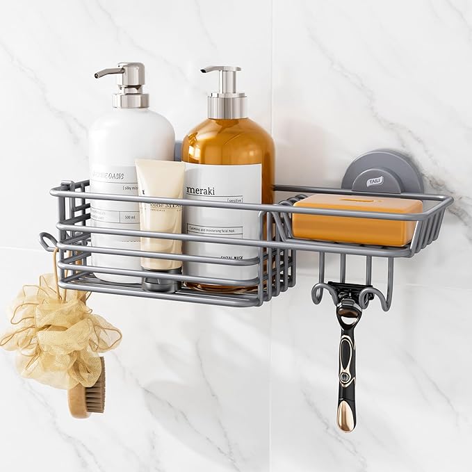 TAILI Shower Caddy Suction Cup with Hooks & Soap holder, Heavy Duty Bathroom Shower Organizer, No Drilling Shower Shelves for Inside bathroom, Metal Storage Basket-Grey