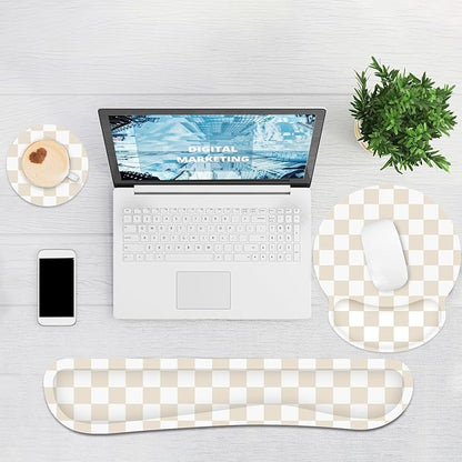 Ergonomic Mouse Pad with Wrist Rest and Keyboard Wrist Rest, Mousepad and Keyboard Pad, Non-Slip Rubber Base, Pain Relief, Mouse Pad with Wrist Support for Gaming, Computer, Office, Beige Checkered