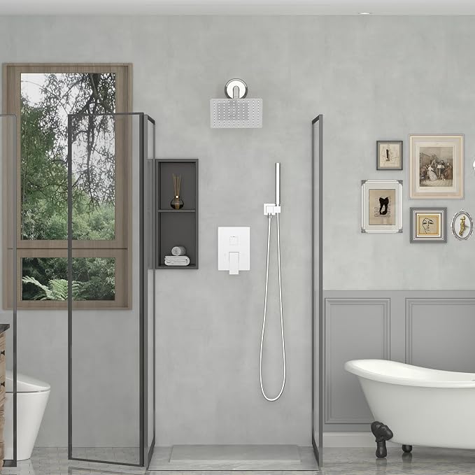 BESy 8 Inch Rain Shower Head, 8" Square Rainfall & High Pressure Stainless Steel Bath Shower Head, 1/16" Ultra Thin, Waterfall Full Body Coverage with Silicone Nozzle, Polished Chrome