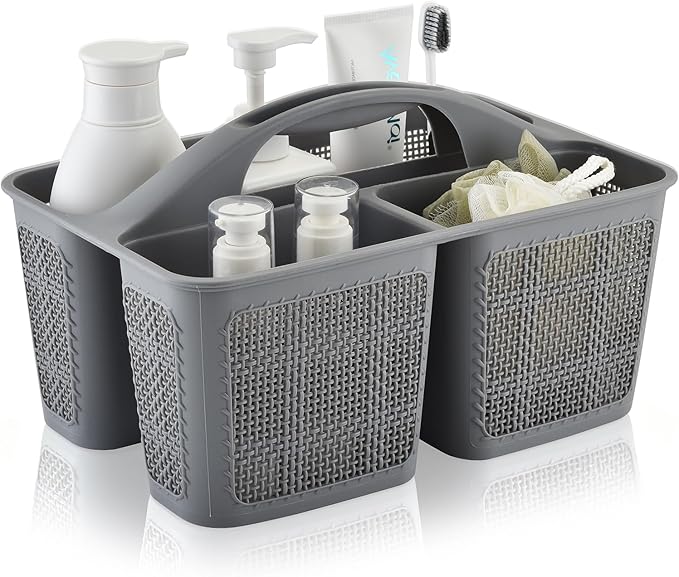 Plastic Gray Shower Caddy Basket, Divided Cleaning Portable Shower Basket with Handle Compartments Storage Organizer for Bathroom, College, Kitchen, Dorm Room Essentials