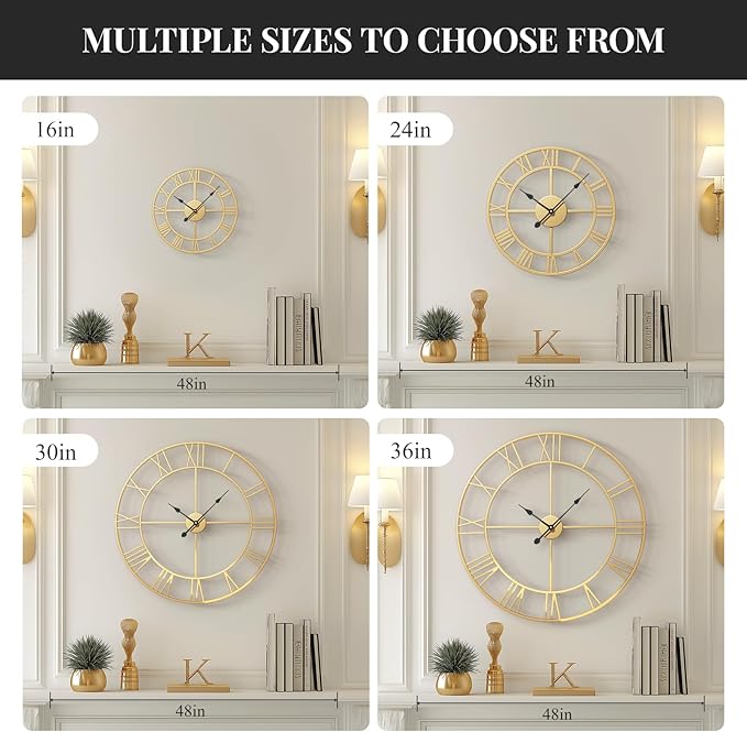 Gold 30 Inch Extra Large Wall Clock for Living Room Kitchen Mantel, Battery-Operated Metal Roman Number Round Decorative Big Clock for Bedroom, Silent Non-Ticking