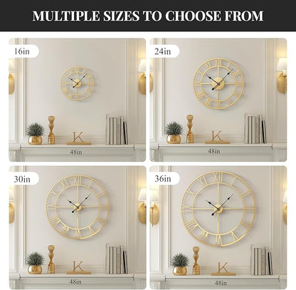Gold 30 Inch Extra Large Wall Clock for Living Room Kitchen Mantel, Battery-Operated Metal Roman Number Round Decorative Big Clock for Bedroom, Silent Non-Ticking