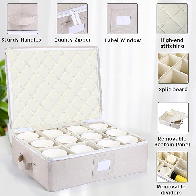 Uiifan 4 Pcs Cup and Mug Storage Box Stemware Storage Cases Containers Holds 12 Coffee Mug and Tea Cup with Lid Handle Wine Glass Box with Insert Cards for Label(Yellow)