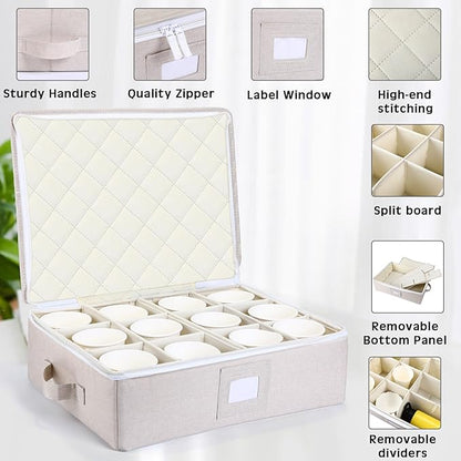 Uiifan 4 Pcs Cup and Mug Storage Box Stemware Storage Cases Containers Holds 12 Coffee Mug and Tea Cup with Lid Handle Wine Glass Box with Insert Cards for Label(Yellow)