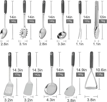 Stainless Steel Cooking Utensils Set 11 Piece - Xhiver Kitchen Tools 18/0 Heavy Duty for Grilling & Serving, Includes Slotted Spatula, Soup Ladle, Metal Turner & More, Heat Resistant, Dishwasher Safe