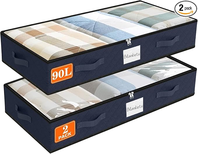 SpaceWhisper 90L Under Bed Storage Containers, 2-Pack Storage Bins with Clear Top, Foldable Closet Organizers and Storage with Label Holder for Clothing, Blankets, Comforter & Pillows(Blue)