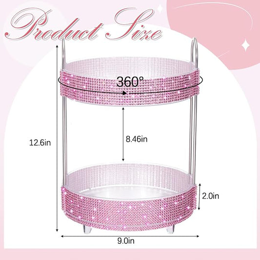 Honeydak 360 Rotating Perfume Organizer Gift for Women, Rhinestone Preppy Skincare Organizer Bathroom Counter Makeup Holder Skincare and Perfume Storage for Cosmetic(2 Tiers,Resin Diamond,Pink)