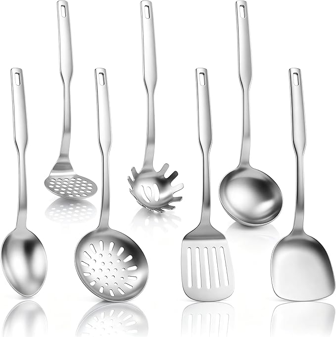 TeamFar Stainless Steel Cooking Utensils Set, 7 Pcs Kitchen Utensils, Heat Resistant Metal Kitchen Tools Include Solid & Slotted Turner/Spoon/Ladle/Skimmer/Pasta Server/Potato Masher, Dishwasher Safe