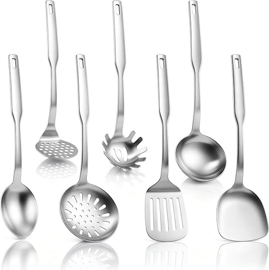 TeamFar Stainless Steel Cooking Utensils Set, 7 Pcs Kitchen Utensils, Heat Resistant Metal Kitchen Tools Include Solid & Slotted Turner/Spoon/Ladle/Skimmer/Pasta Server/Potato Masher, Dishwasher Safe