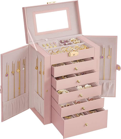 SONGMICS 6-Layer Jewelry Box Organizer with 5 Drawers, Jewelry Storage Case with Lock and Mirror, Large Storage Capacity, Gift for Loved Ones, for Necklaces, Watches, Jelly Pink UJBC152SA02S