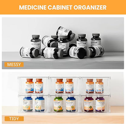 6 Pack Stackable Storage Drawers,Plastic Organizers Bins, Drawers Storage with Handles and Movable Dividers for Organization and Storage in Fridge,Bathroom, Pantry, Kitchen Cabinets, Under Sink