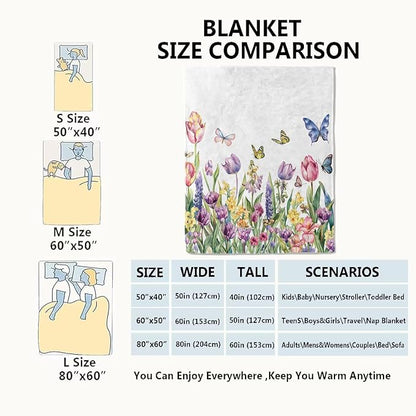 Spring Tulip Flower Blanket Cute Floral Throw Blankets with Colorful Butterfly,Birthday Gifts for Girls Women & Nature Lovers,Lightweight Soft Fleece,for Sofa Couch Bed Room Decor 50x60in