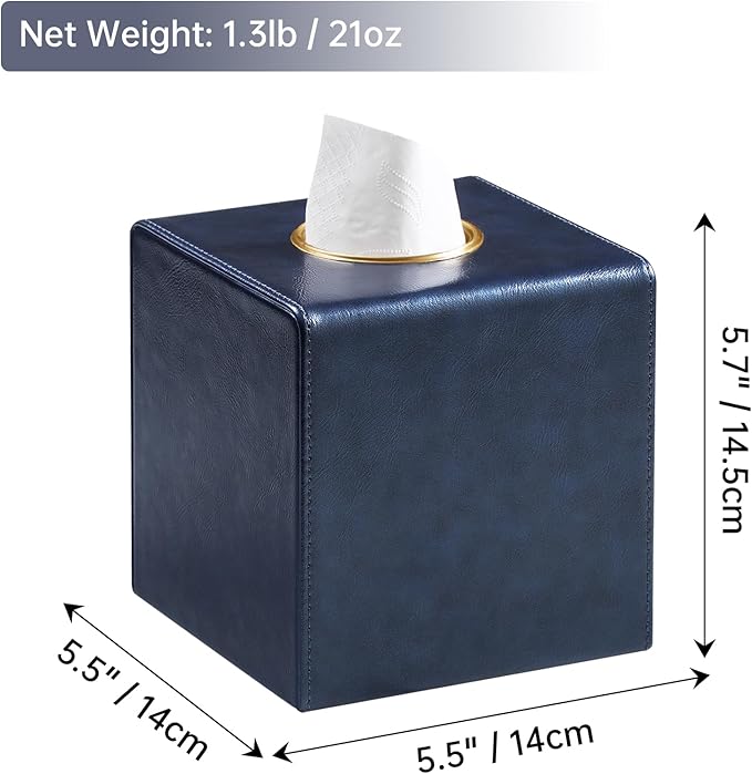 MEIBOOCH Square Tissue Box Cover, Luxury PU Leather Tissue Holder with Magnetic Closure (Navy Blue)