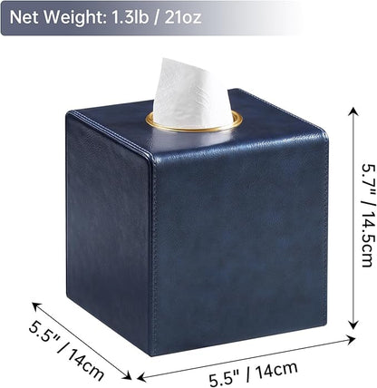 MEIBOOCH Square Tissue Box Cover, Luxury PU Leather Tissue Holder with Magnetic Closure (Navy Blue)