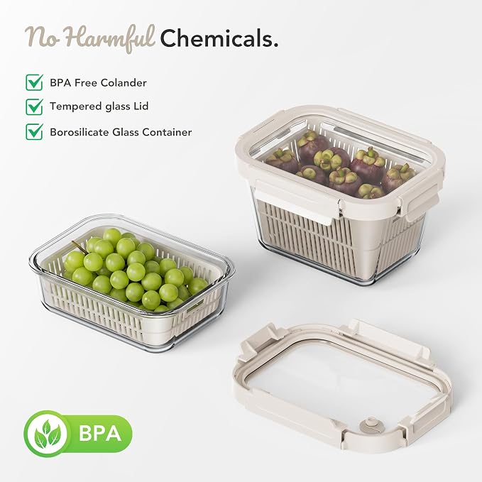 GENICOOK Glass Fruit Storage Containers for Fridge, 2 Pack Produce Containers with Removable Colanders & Vent Glass Lids, Airtight Fruit & Vegetable Storage, BPA Free Borosilicate Glass