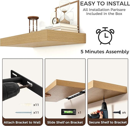 Floating Shelves for Wall, 48 Inch Wide x 12 Inch Deep Floating Shelves, Long Wood Floating Wall Shelf Shelves for Living Room Bathroom Bedroom Kitchen Home - (Oak, 48" W x 12" D x 2" H)