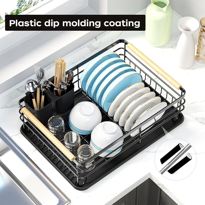 Dish Racks for Kitchen Counter: Wooden Handles, Thickened Metal, No Assembly. Small Dish Drying Rack: Ideal for Small Households. Drying Rack Kitchen: Black