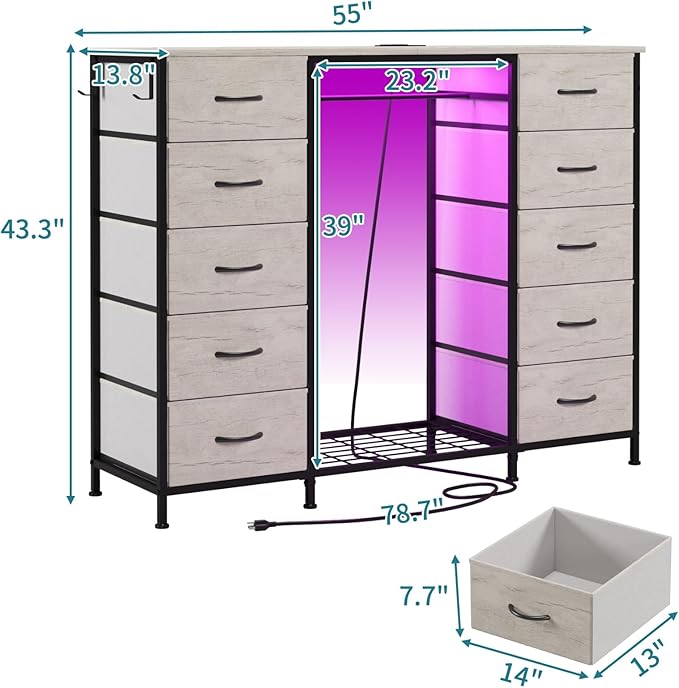 LUMTOK 55W 2-in-1 Dresser with Hanging Rack, 10 Drawers Dresser for Bedroom,Dressers with Fabric Drawers,LED Lights, Charging Station and Hanging Racks for Bedroom (Greige)