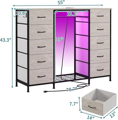 LUMTOK 55W 2-in-1 Dresser with Hanging Rack, 10 Drawers Dresser for Bedroom,Dressers with Fabric Drawers,LED Lights, Charging Station and Hanging Racks for Bedroom (Greige)
