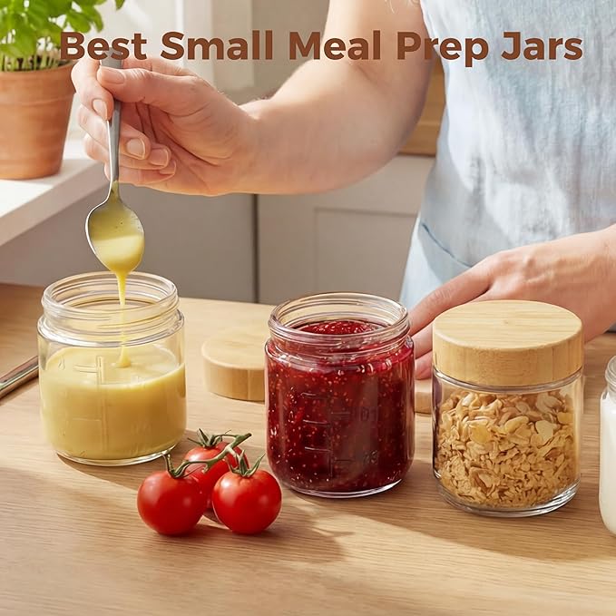 HomArtist 4oz Glass Salad Dressing Containers with Bamboo Lids - 3 Pack Small Airtight Condiment Cups, Leakproof Mini Sauce Jars for Picnic, Ketchup, Dip & Snacks, BPA-Free & Dishwasher Safe