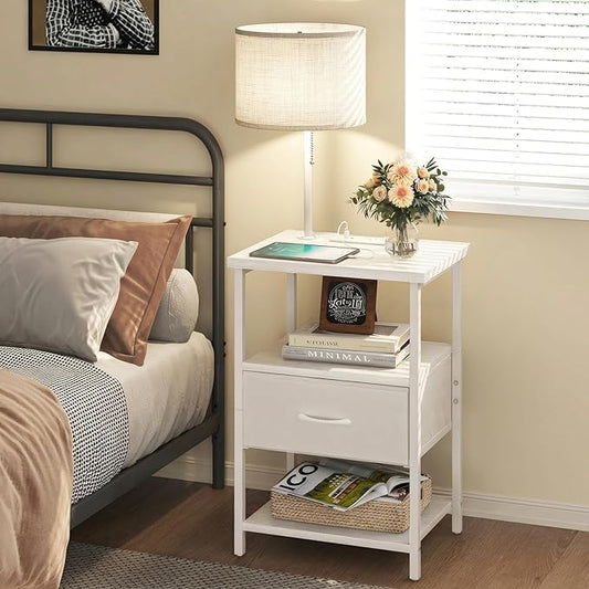 Fixwal Bedside Table with 3 Color Temperatures Bulb Attached, Nightstand with Charging Station and Lights, End Table with Fabric Drawer for Bedroom & Dorm (White)