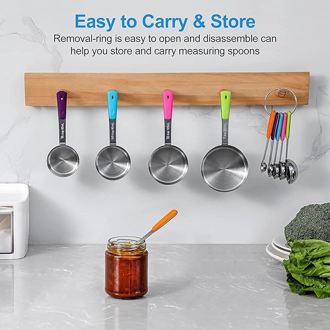 Measuring Cups and Spoons Set Stainless Steel 12 Piece for Cooking and Baking (7 Cups + 5 Spoons, Colorful Handles)