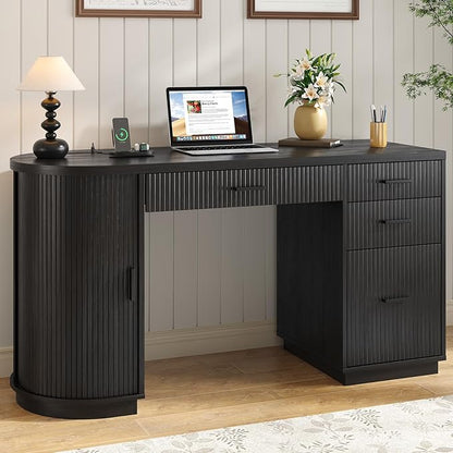 ONBRILL 58 Inch Fluted Executive Desk, Computer Desk with Storage Drawers & File Drawer, Modern Home Office Desk with Charging Station for Working, Studying, Writing, Black