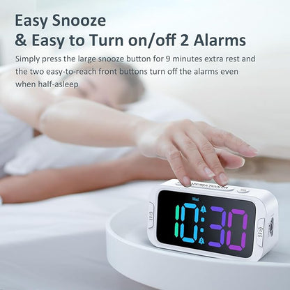 Dual Colorful Alarm Clock for Kids Bedroom - 0-100% Dimmer, 5 Alarm Sounds, USB Charger, Easy to Set, Weekday/Weekend Mode, Snooze, 12/24Hr, Battery Backup, Digital Clock for Teens Boys Bedside