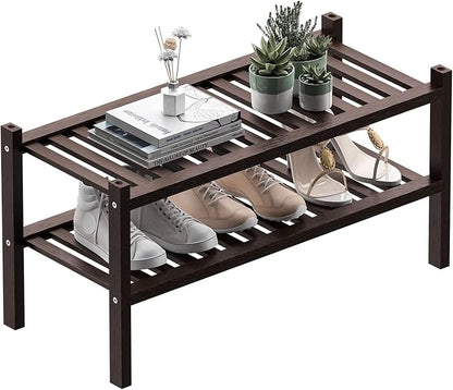2 Tier (Thick) Bamboo Shoe Rack for Closet Free Standing Wood Shoe Shelf for Entryway Small Space Stackable 27"x12"x14" (Black Brown)