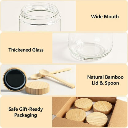 TBWIND 4 Pack 16oz Glass Jars with Bamboo Lids, Spoons, Airtight Overnight Oats Containers, Wide Mouth Mason Jars, Food Storage Container for Yogurt Salad Snacks Spice Sugar Meal Prep – Reusable