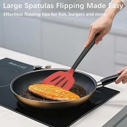 Coukre 3 Pack Silicone Spatula Set, High Heat Resistant, BPA-Free, Fish Spatula, Solid & Slotted Turner for Non-Stick Pans, Flipping Eggs, Pancakes, Fish, Burgers (3, Red)