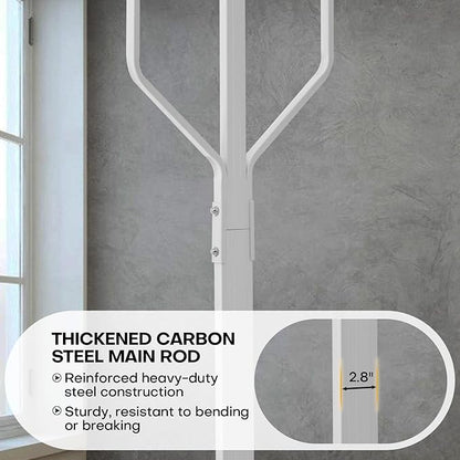 Coat Rack Freestanding with 10 Hooks, Metal Coat Rack Stand, Heavy Duty Standing Coat Tree with Sturdy Round Base for Clothes, Hat, Jacket/Entryway, Hallway, Bedroom, White