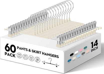 60PACK 14Inch Pants Hangers with Clips Adjustable Skirt Hangers for Women Black Metal Non-Slip Trousers Hanger Heavy Duty Space Saving Clothes Hanger for Shorts,Jeans,Lvory