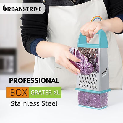 Urbanstrive Cheese Grater With Container, Professional Cheese Grater with Handle, Stainless Steel Graters for Kitchen Handheld, Box Grater with 4 Sides for Vegetables, Ginger, Potatoes (Blue)