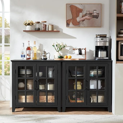 Large Sideboard Buffet Cabinet with Storage, 32" Farmhouse Kitchen Coffee Wine Bar Cabinet with 2 Glass Doors, Wood Mid Century Modern Side Board Table for Dining Room, Living Room, Black
