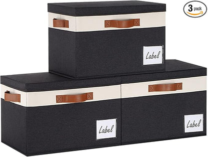 PFFVRP Large Storage Bins with Lids, Foldable Fabric Storage Baskets with Lids, Sturdy Storage Boxes with Labels and 3 PU Handles for Closet Home Bedroom Office (3 Packs, Black&White)