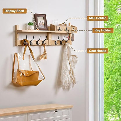 28.9" Wall Hanger Coat Rack Key Holder Wall Mount with Shelf,11Shelf with Coat Hooks Wall Mount, Coat Hangers for Bathroom, Living Room, Bedroom (Wood Color)
