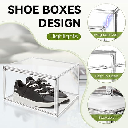 12 Pack Clear Sneaker Boxes Stackable Shoe Box Size 12.5, Acrylic Shoe Storage Organizer Transparent Storage Bins with Magnetic Acrylic Door for Closet, Sneaker Display, Cosmetic, Figure