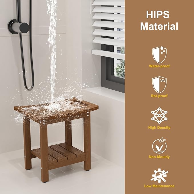 HIPS Shower Benches for Inside Shower, Shower Stool with Space-Efficient Storage Shelf, Waterproof Shower Chair Seat for Spa Bathroom(Brown)