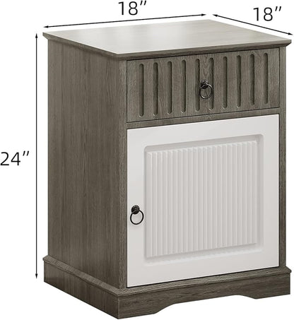 4ever2buy Farmhouse Nightstand, 24" Tall Nightstand with Drawers, Grey Night Stand with Storage, Wood End Table Bedside Table for Bedroom Living Room, White and Grey