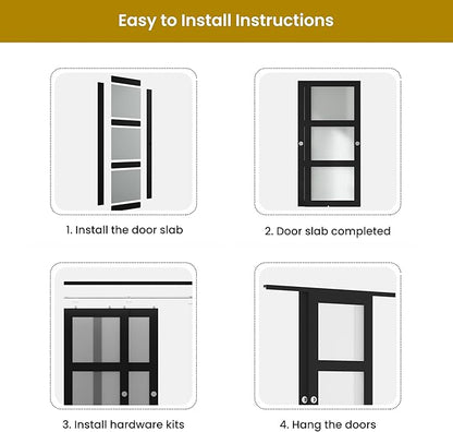 SMARTSTANDARD Bypass Sliding Closet Doors 72x80 in (Double 37in) for Bedroom, 3-Lite Frosted Glass Bypass Door with Hardware Kit Included, Preassembled Door Panel, Water-Proof PVC Surface, Black