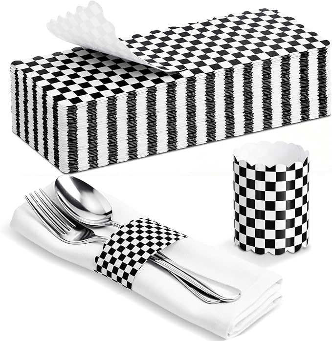 300 Pcs Black Checkered Paper Napkin Rings Disposable Napkin Bands Self Adhesive Black White Plaid Silverware Wrap Band for Birthday Holiday Party Dinner Table Setting Decoration