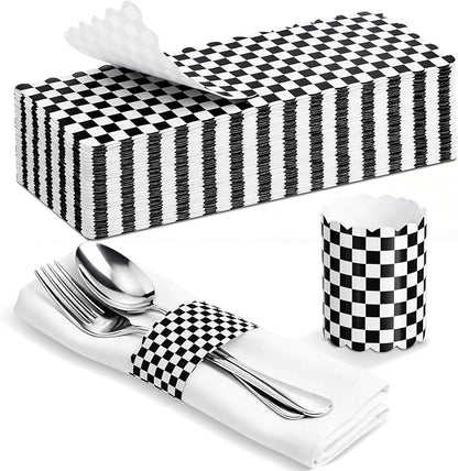 300 Pcs Black Checkered Paper Napkin Rings Disposable Napkin Bands Self Adhesive Black White Plaid Silverware Wrap Band for Birthday Holiday Party Dinner Table Setting Decoration
